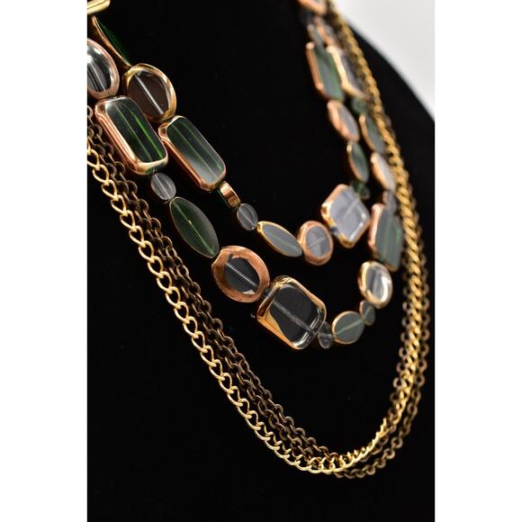 Sparkling Sage Vintage Glass Beaded Necklace Green Gold Multi-Layer Signed Bin7A - Picture 6 of 12